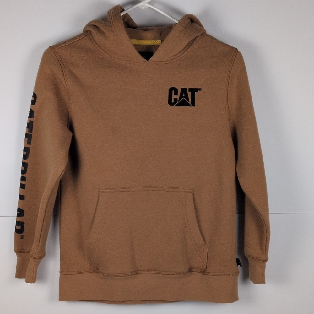 Caterpillar CAT Brown Pullover Hoodie Logo Sleeve Sweatshirt- Youth Med 10/12 - Picture 1 of 7
